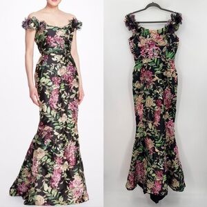 MARCHESA Couture Off Shoulder Floral Gown Dress Size US 4